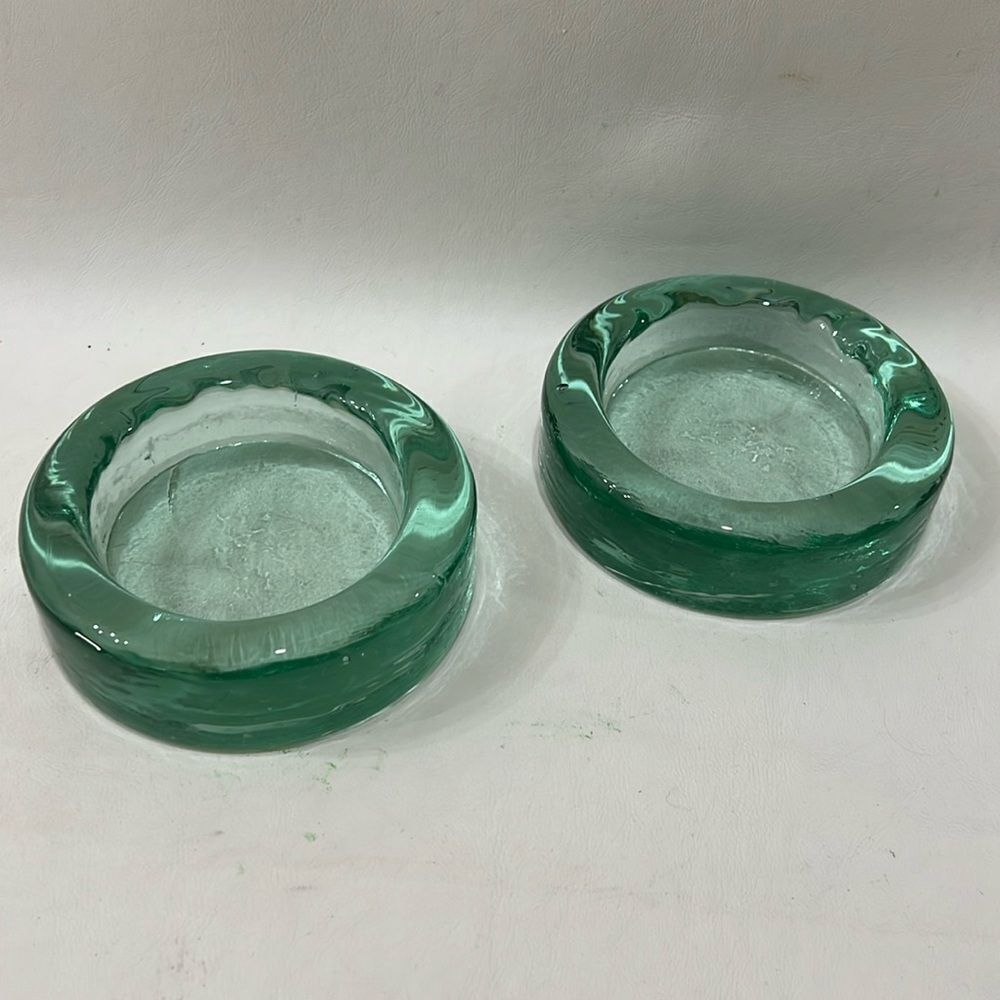 Vintage Blenko‎ Glass Paperweight Bubble Green Set 2 4 1/2 in Round 1 1/2 Tall